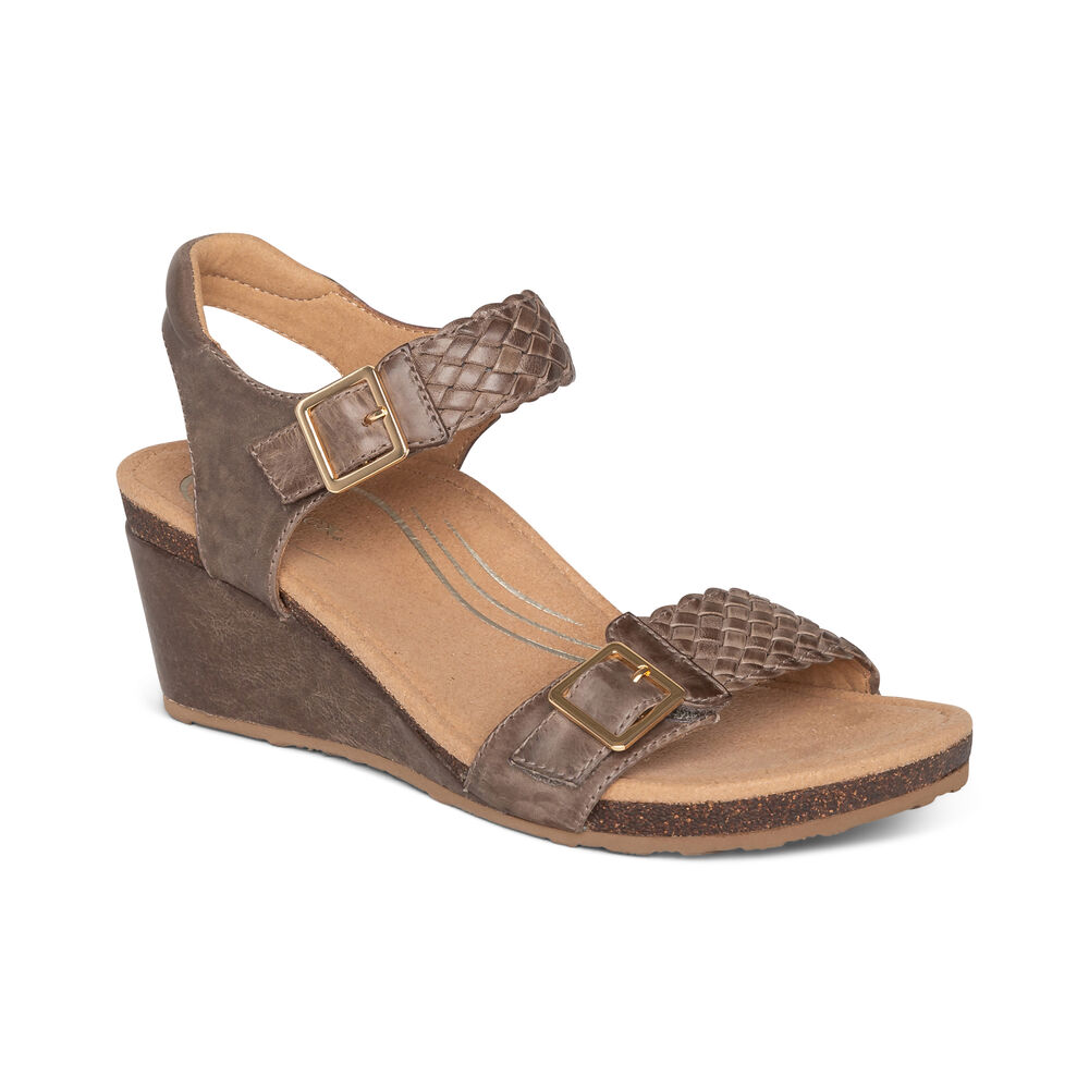 Aetrex Women's Grace Adjustable Woven Wedge Sandals - Taupe | USA O34CU9V